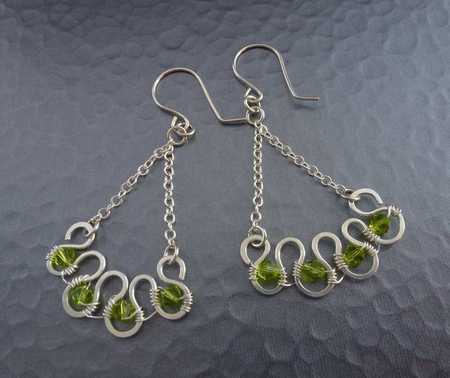 Rolling Hills Green Crystal Sterling Silver Wire Wrapped Earrings