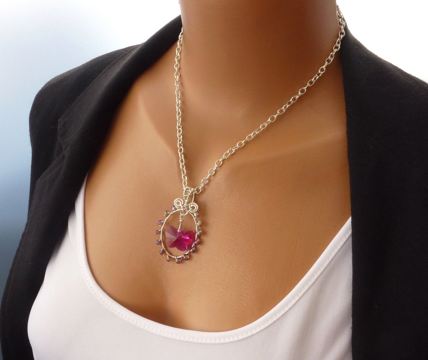 Dark Pink Crystal Butterfly Wire Wrapped Necklace