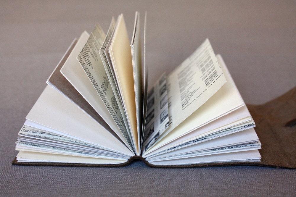 Leather journal with vintage ephemera (postage stamps and atlas)