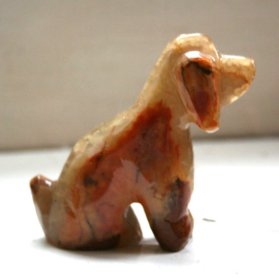 MAY 10% SALE Spaniel carved onyx dog, orange, marble, statue, figure, 1980s 80s ornament, stone, rock