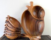 eleven piece fruit shaped monkey pod wood midcentury salad set - serving - housewares - brown