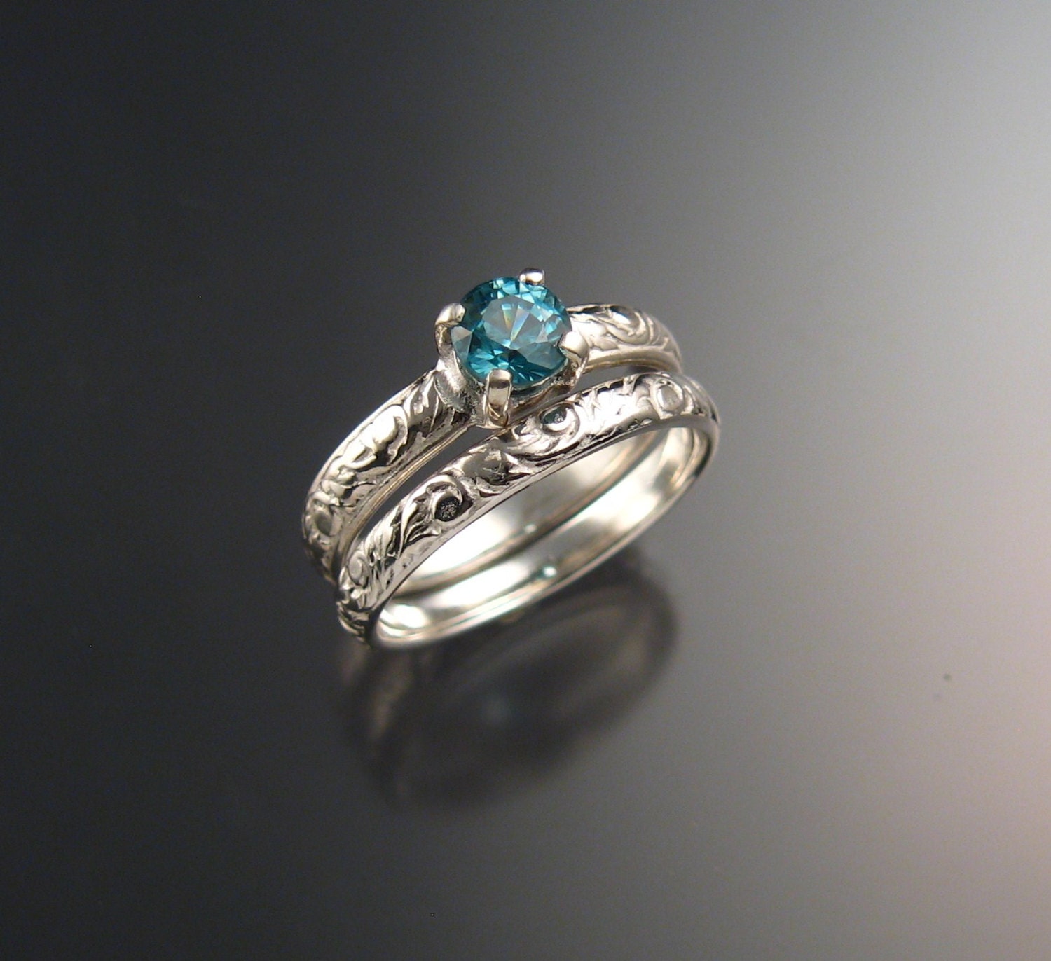 Natural Blue Zircon Wedding ring 14k White Gold blue Diamond substitute ring made to order in your size