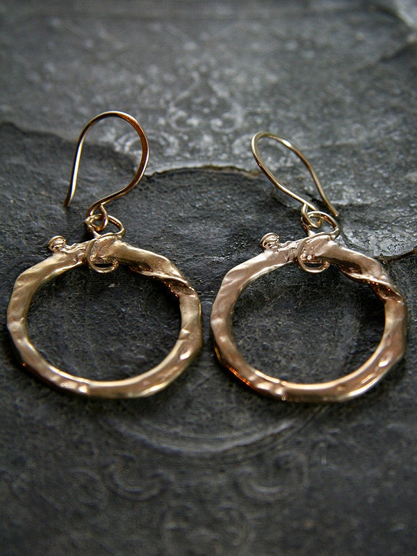 Gold Hoop Earrings, 14k Gold Filled and Artisan Handcrafted Bronze Design, Subtle Grapevine