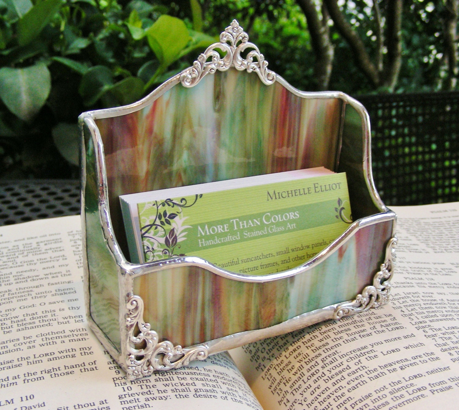 Beautiful Green Multi Wispy Business Card Holder with Ornate Silver embellishments (ready to ship)