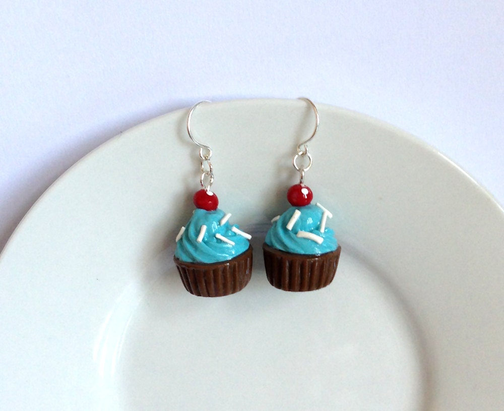 Blue Raspberry Chocolate Cupcake Earrings with Sprinkles Cherry on Top