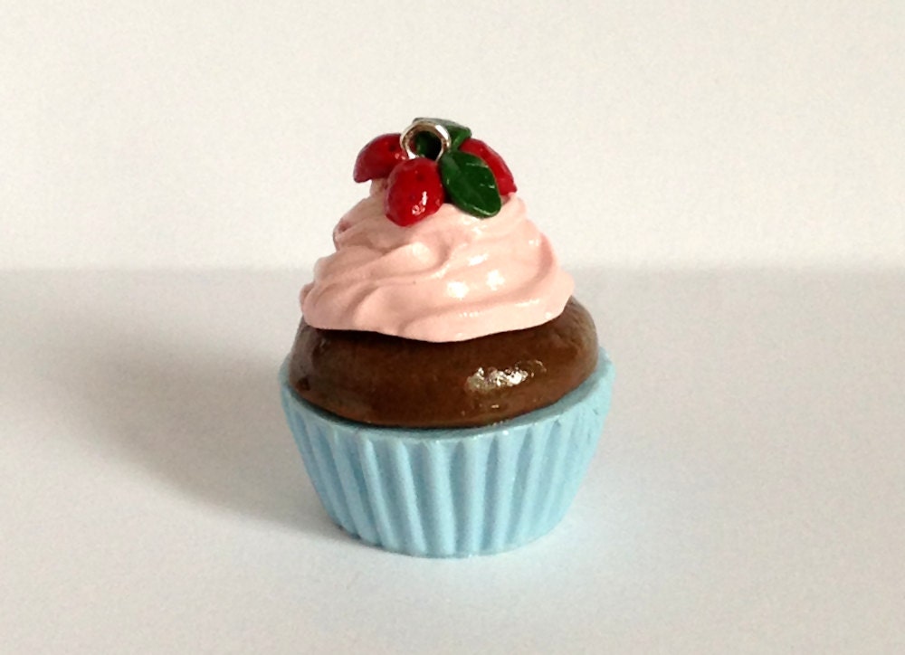 Strawberry Dream Chocolate Cupcake Charm Pendant Light Blue