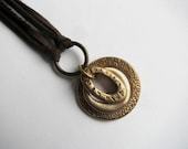 Multistrand Leather Necklace with Bronze PMC Hoop Ring Circle Pendant