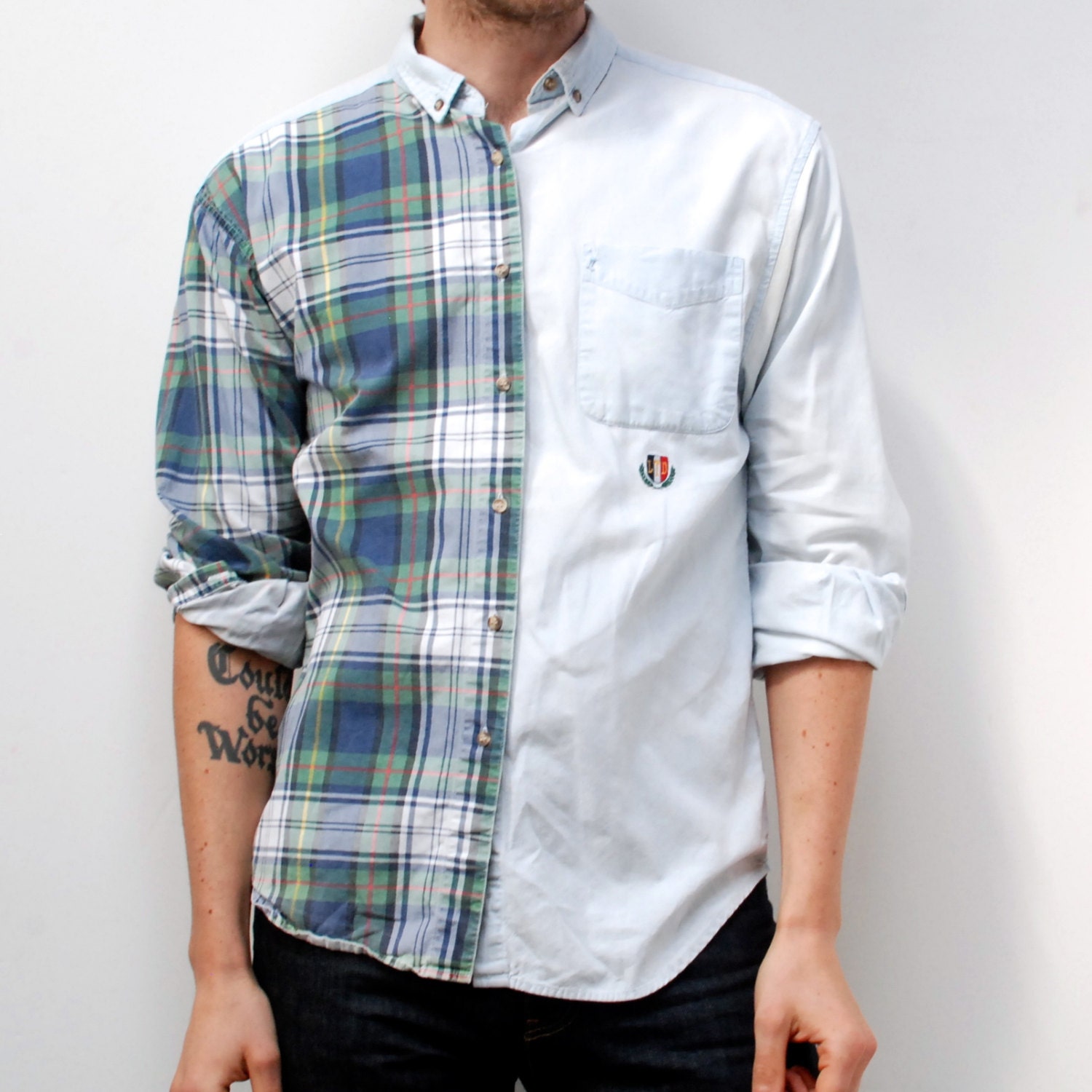 90s HALF PLAID cotton unique GRUNGE long sleeve button up shirt