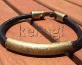 unisex women men black leather bracelet  with a brass tube centered decoration