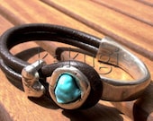 women brown leather bracelet sterling silver plated half cuff button clasp turquoise heart  finding jewellery
