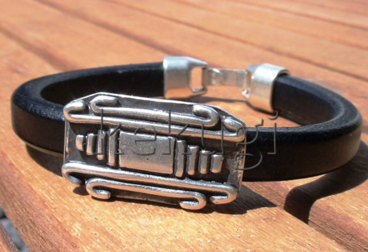 men Black leather bracelet with tribal sterling silver plated spacer