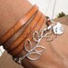 multi wrap camel flat leather bracelet with silver leaf connector and bird