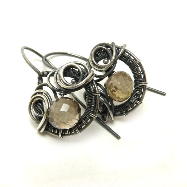 Small silver wire wrapped earrings with smoky quartz