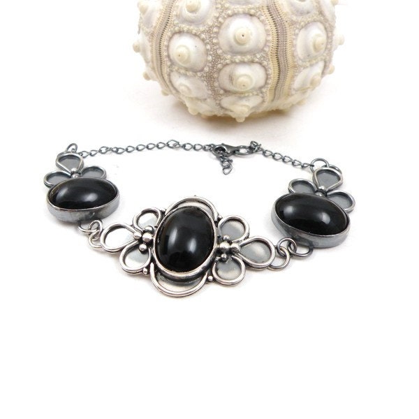 Retro black bracelet , metalwork fine jewelry , sterling silver vintage look jewelry , gemstone jewelry
