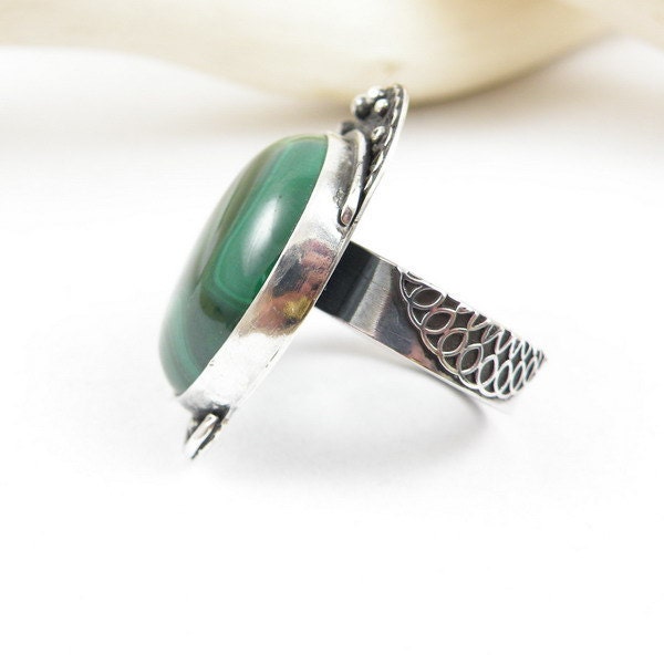 Metalwork sterling silver ring, green malachite retro ring, gemstone fine jewelry, adjustable ring