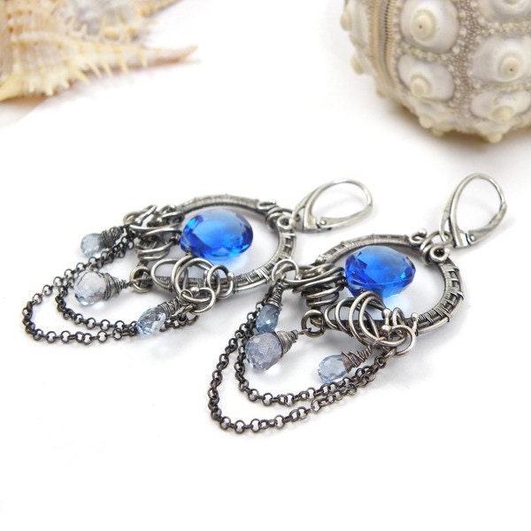 Wire wrapped silver earring , gemstone wire wrap earring , dangle blue earring , fashion sterling jewelry