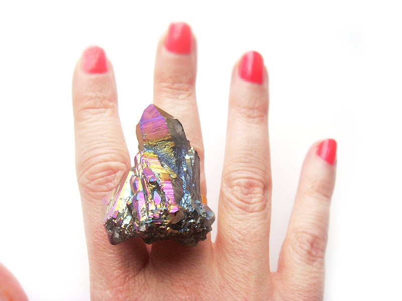 Rainbow Titanium Aura Quartz Crystal Ring