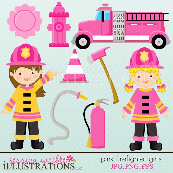 Pink Firefighter Girls Cute Digital Clipart for Invitations, Card Design, Scrapbooking, and Web Design, Firefighter Clipart Il_570xn