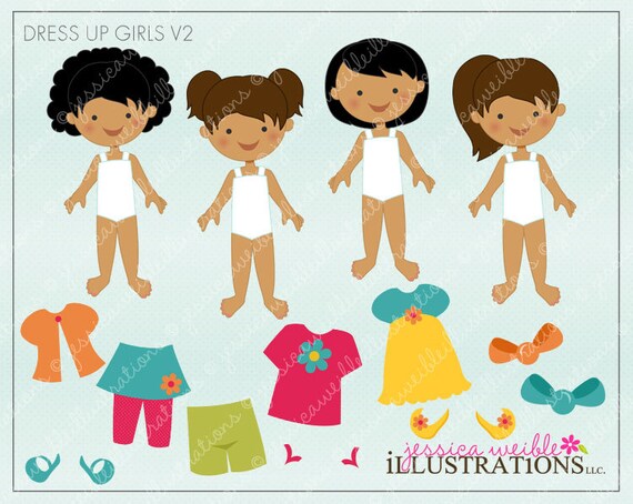 Dress Up Girl V2 Dark Skin Cute Digital Clipart for Invitations, Card Design, Scrapbooking, and Web Design, Build Your Own Il_570xn