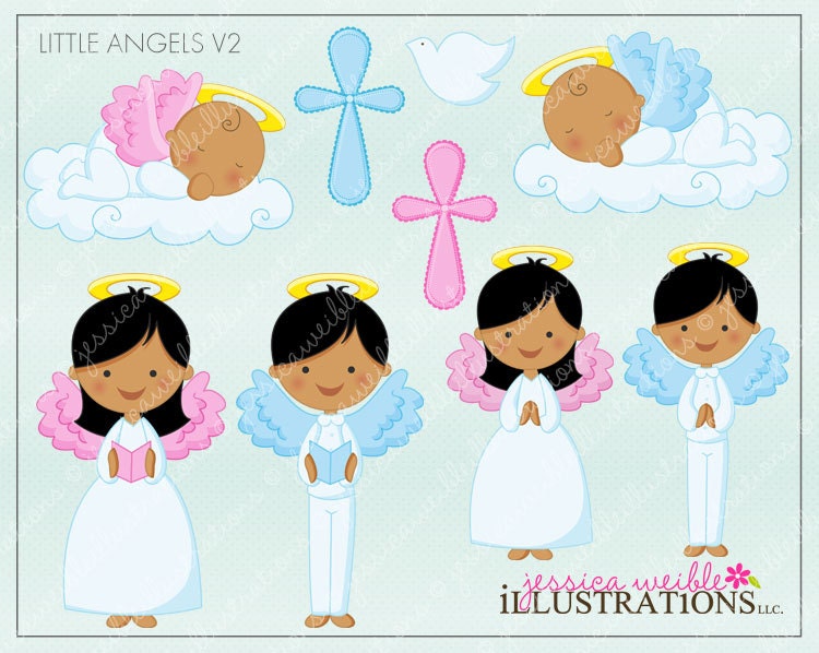 Little Angels V2 Dark Skin Cute Digital Clipart for Invitations, Card Design, Scrapbooking, and Web Design, Religious Clipart Il_570xn