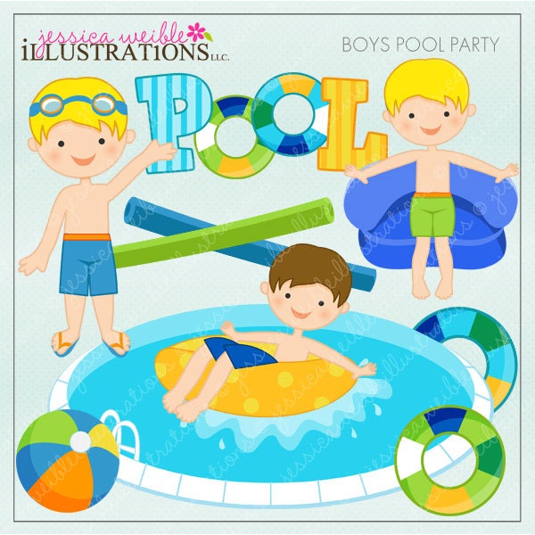 Boys Pool Party Cute Digital Clipart for Card Design, Scrapbooking, and Web Design Il_570xn