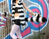 Black & White striped TAIL -- faux fur costume accessory - clip on tail cosplay funky clothing // hula hoop dance poi summer festivals furry