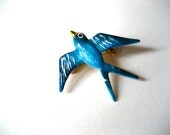 Vintage Metal Hand Painted Blue Birdy Pin/Brooch // 1970s