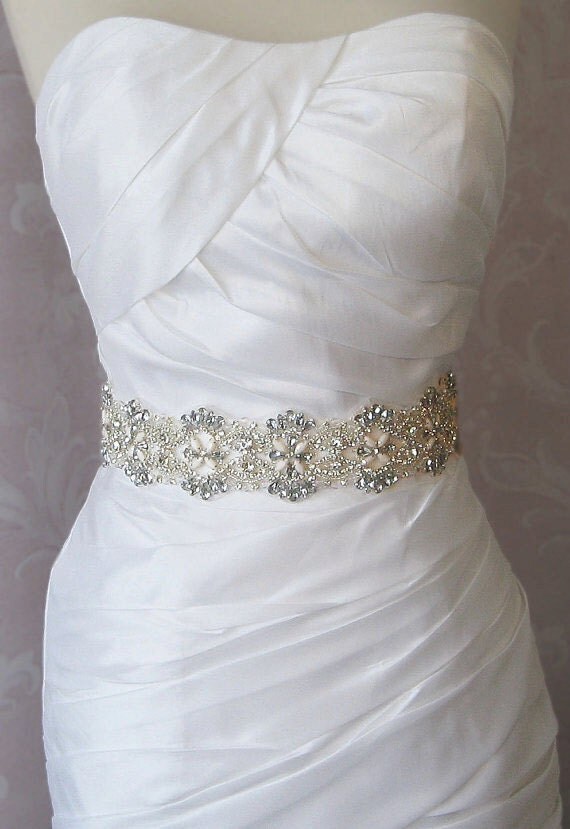 Crystal Rhinestone & Milk Glass Beaded Bridal Sash, Wedding Belt, Ivory Crystal Bridal Sash - EMELE