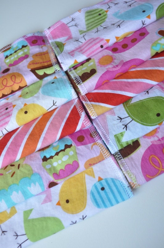 Set of 10 Baby Girl Birds Cupcakes Pink Red Orange Turquoise Yellow Reusable Minky Wipes or Washcloths