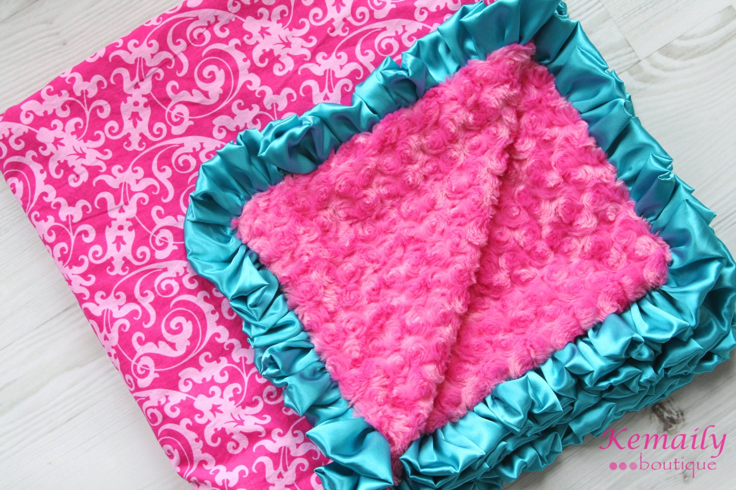 READY To SHIP Pinkalicious Hot Pink Rosette Turquoise Satin Ruffle Minky Blanket From Kemaily