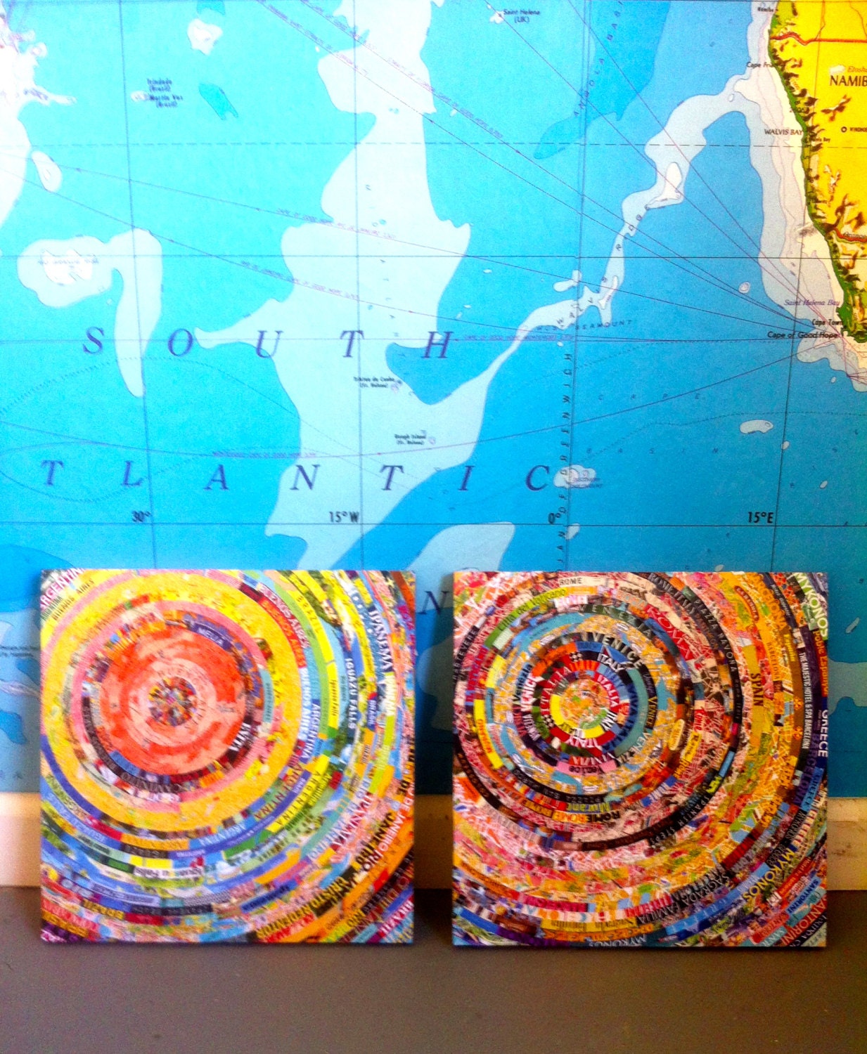Santorini / Crete / Mykonos / Greece / Italy / Barcelona.... Honeymoon Custom Maps Collage on Bamboo Panel 12" x 12"