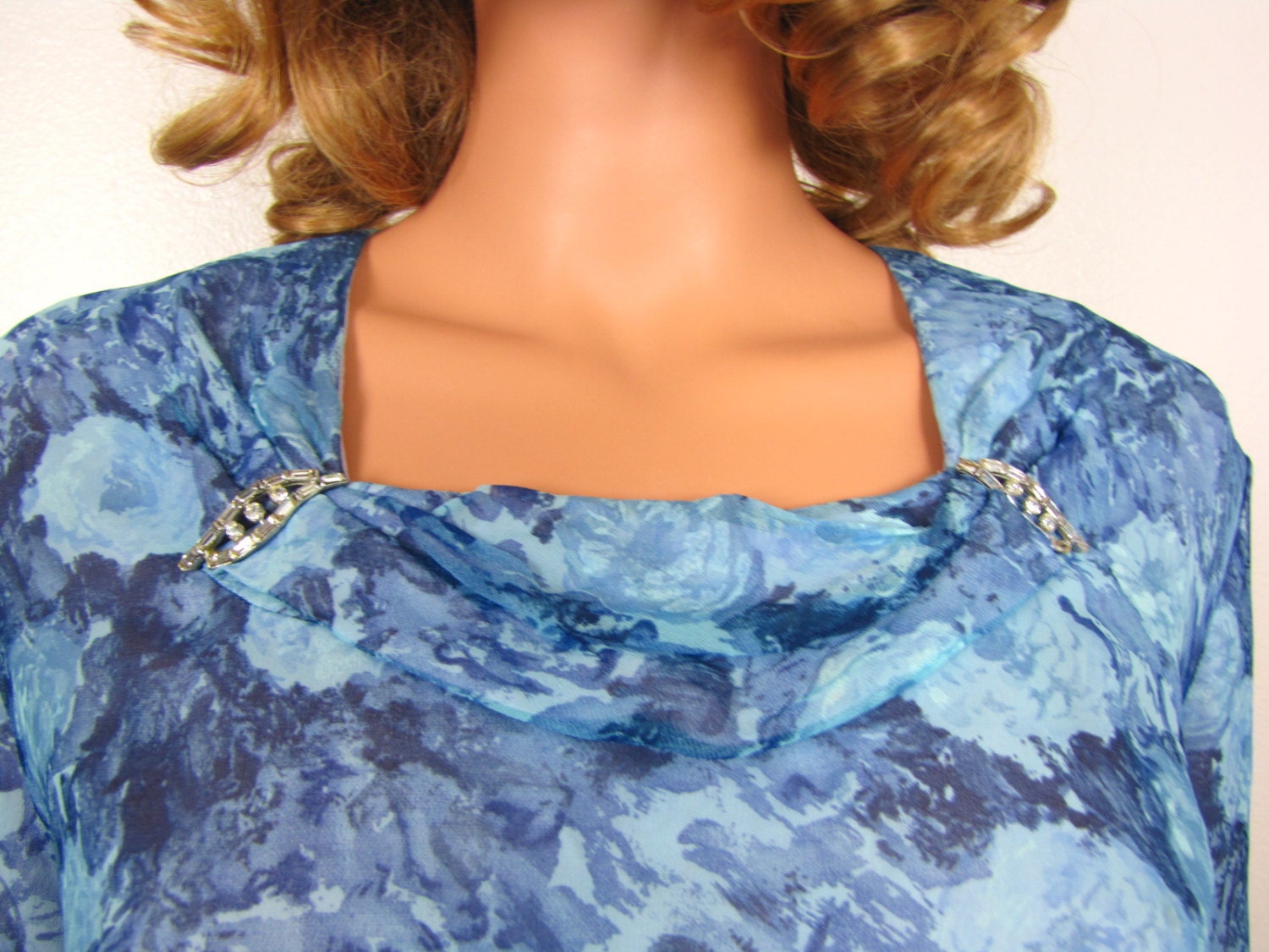 1950s Dress / Flower Blue Chiffon / Large / Mendel Creation / Plus Size