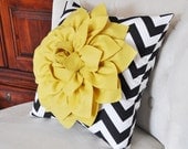 Mellow Yellow Dahlia on Black and White Zigzag Pillow -Chevron Pillow- size 16x16