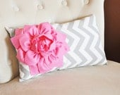 Decorative Lumbar Pillow Pink Dahlia on Gray and White Zig Zag Chevron Lumbar Pillow 9 x 16