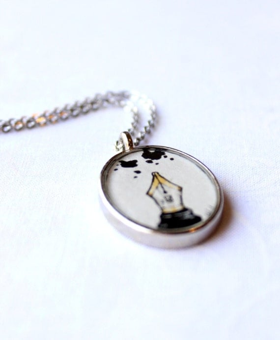 The Writer pendant necklace, fountain pen, ink blot pendant, book lover, writer jewelry, LIMITED EDITION