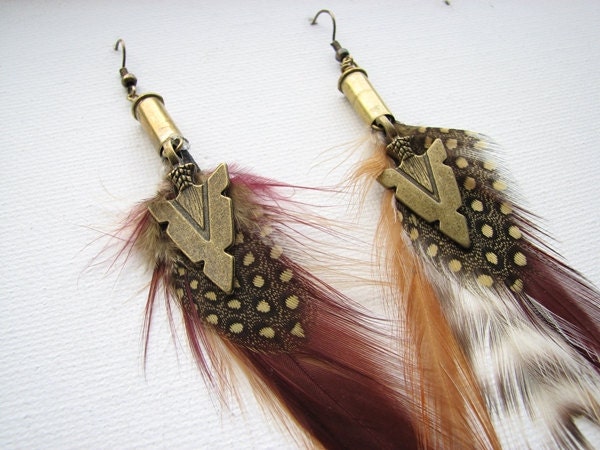 Gold Feather Earrings Bullet Casing Arrowhead