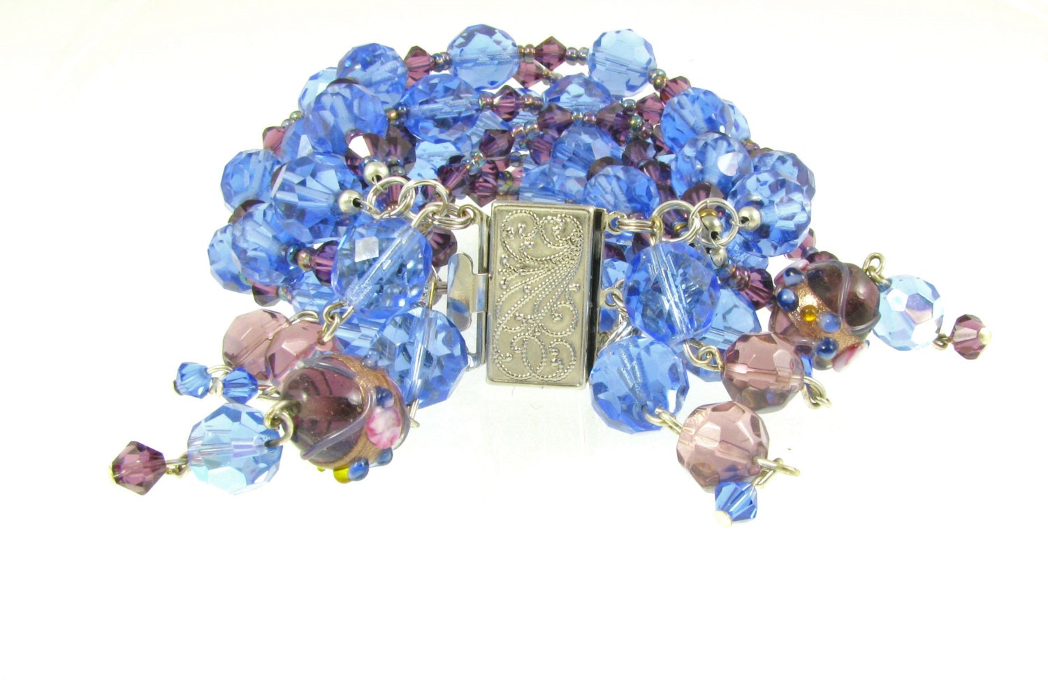 Crystal Bead Bracelets- Glass Bead Bracelets- Blue Bracelet-Statement Cuff - Swarovski Crystal Elements - Blue, Silver, Purple, Gold, Pink