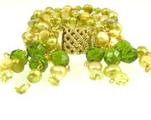 Wedding Jewelery - Statement Cuff -Bridal Party Jewelry - Fresh Water Pearl - Swarovski Crystal Elements -  Yellow, Green, Gold,  Khaki