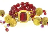 Red Jewellery - Red Bracelets- Vintage Inspired- Red Cuff - Statement Jewellery - Rhinestone Jewelry- Mother Of Pearl Beads- Red, Golds