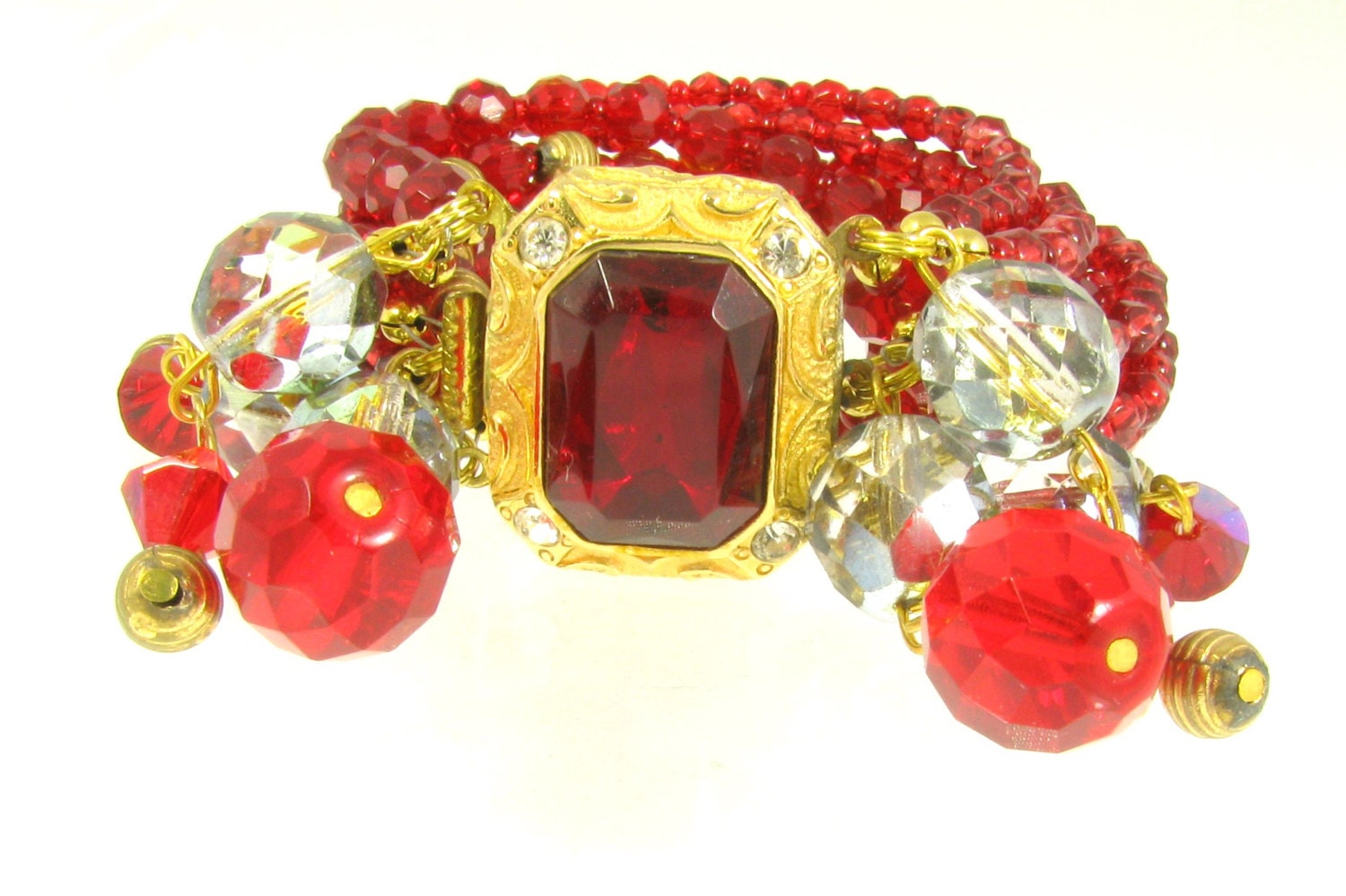 Earring Jewelry - Red Bracelets- Vintage Glam - Red Statement Cuff - Red Cuffs -Vintage Inspired- Gold, Red, Clear, Silver Tones