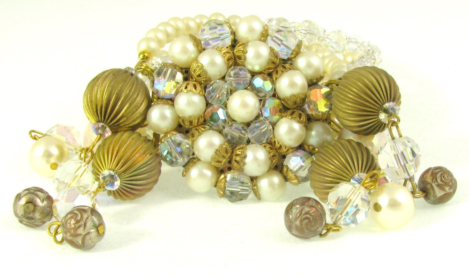 Handmade Crystal Jewelry -Statement Jewellery -Crystal Bracelet- Bridal Bracelets -Mother of Pearl Beads- Brass Beads-White, Beige, Brass