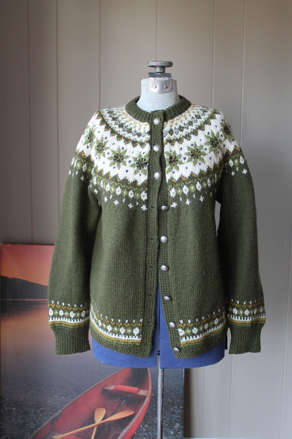 1940s Norwegian Cardigan Sweater / Moth Proof Hand Knit Wool Sweater / Green Fair Isle Sweater