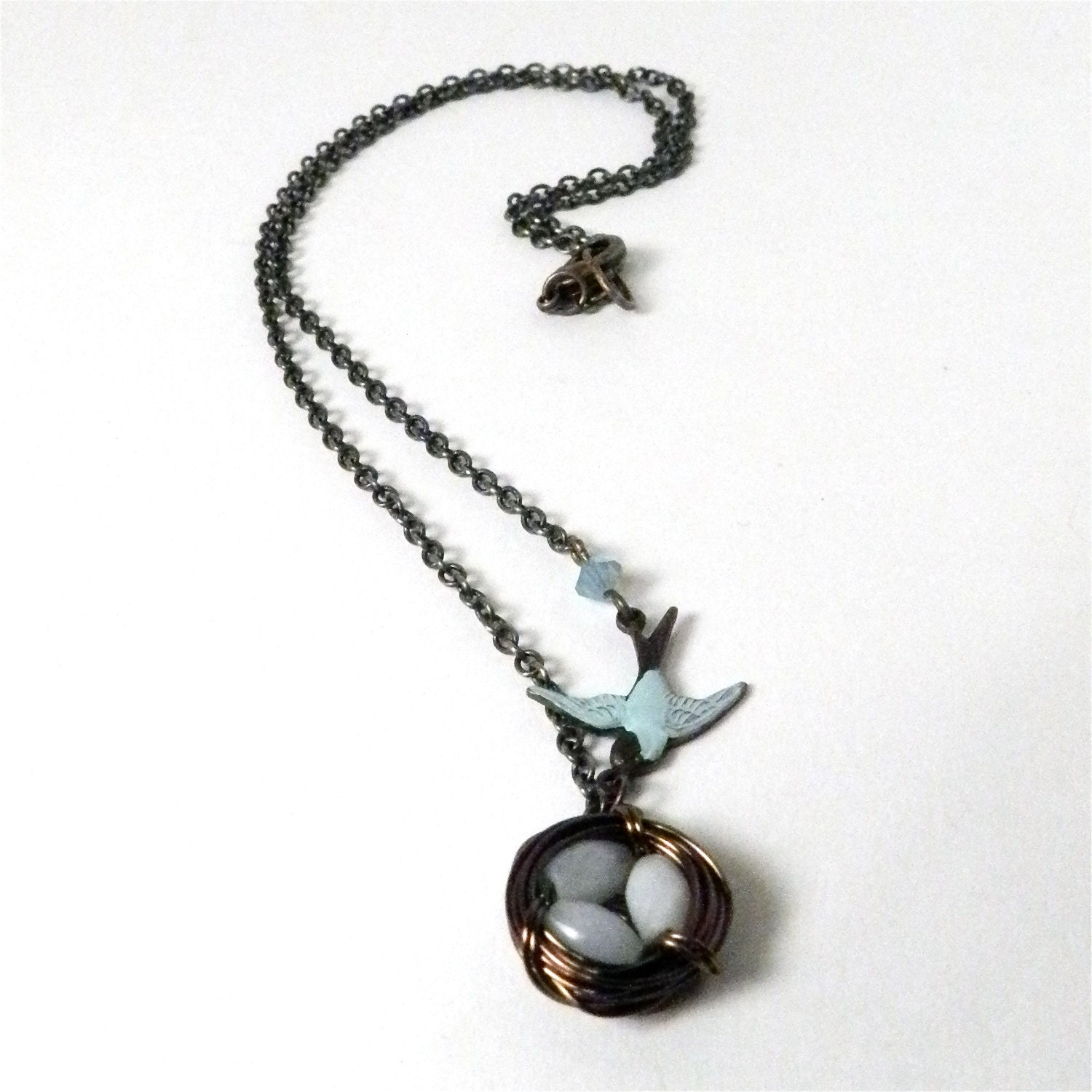 Birds Nest Necklace with Real Amazonite - Blue, Green, Aqua - Antique Brass