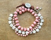 Pink wrap bracelet  - Li'l Daisy - Bohemian jewelry, boho, knotted, artisan bronze charms, heart, dangles, leather sundance country rustic