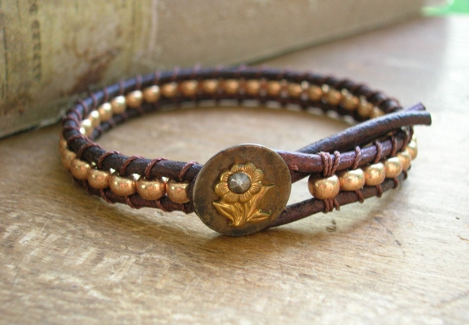Boho leather wrap bracelet - Skinnies - antique Victorian button, gold beads stackable bracelet, flower, tribal gypsy, Bohemian jewelry