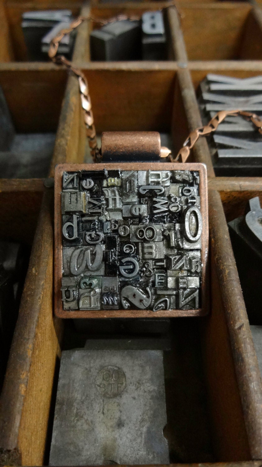 Large Square letterpress type pendant in Bronze