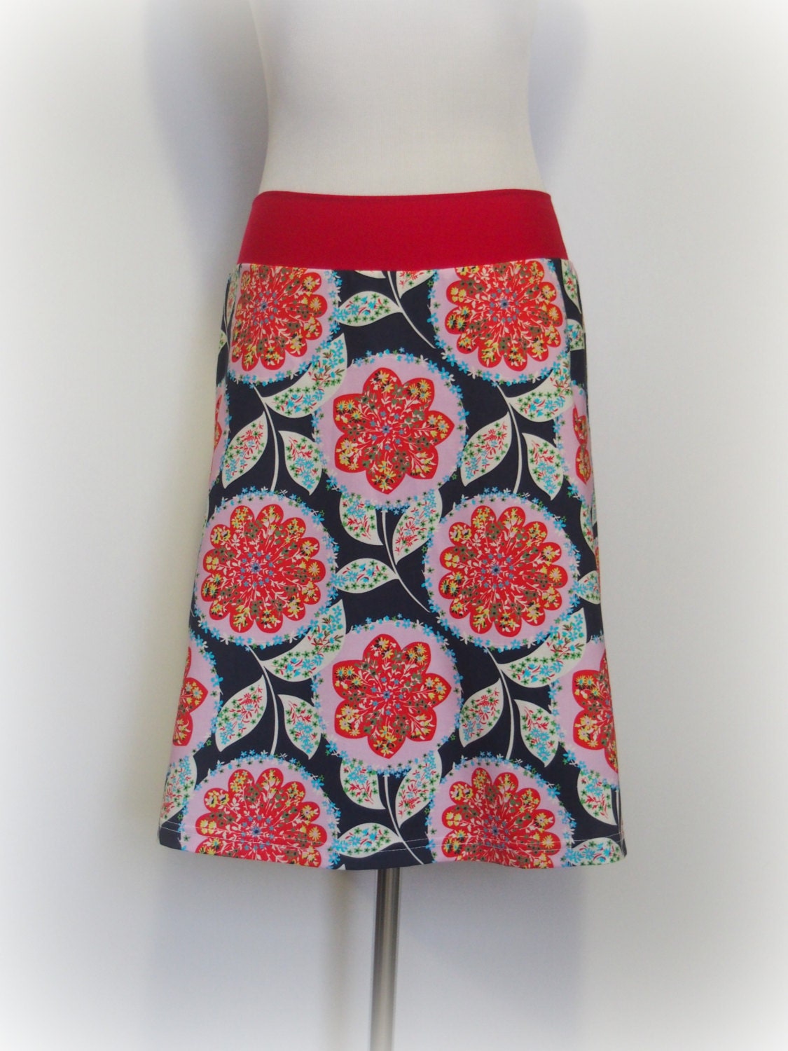 red floral on navy print aline skirt from Wanderlust by Miss Fancypants - light weight 100% cotton