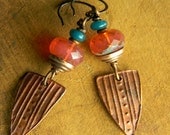 Copper Arrowhead Earrings Pink Orange Teal One of a Kind
