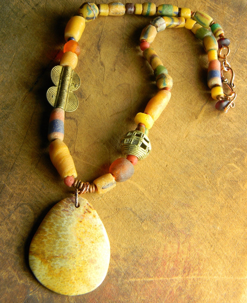 Fossil Coral Pendant Necklace African Krobo Brass Copper Mixed Metal Yellow OOAK