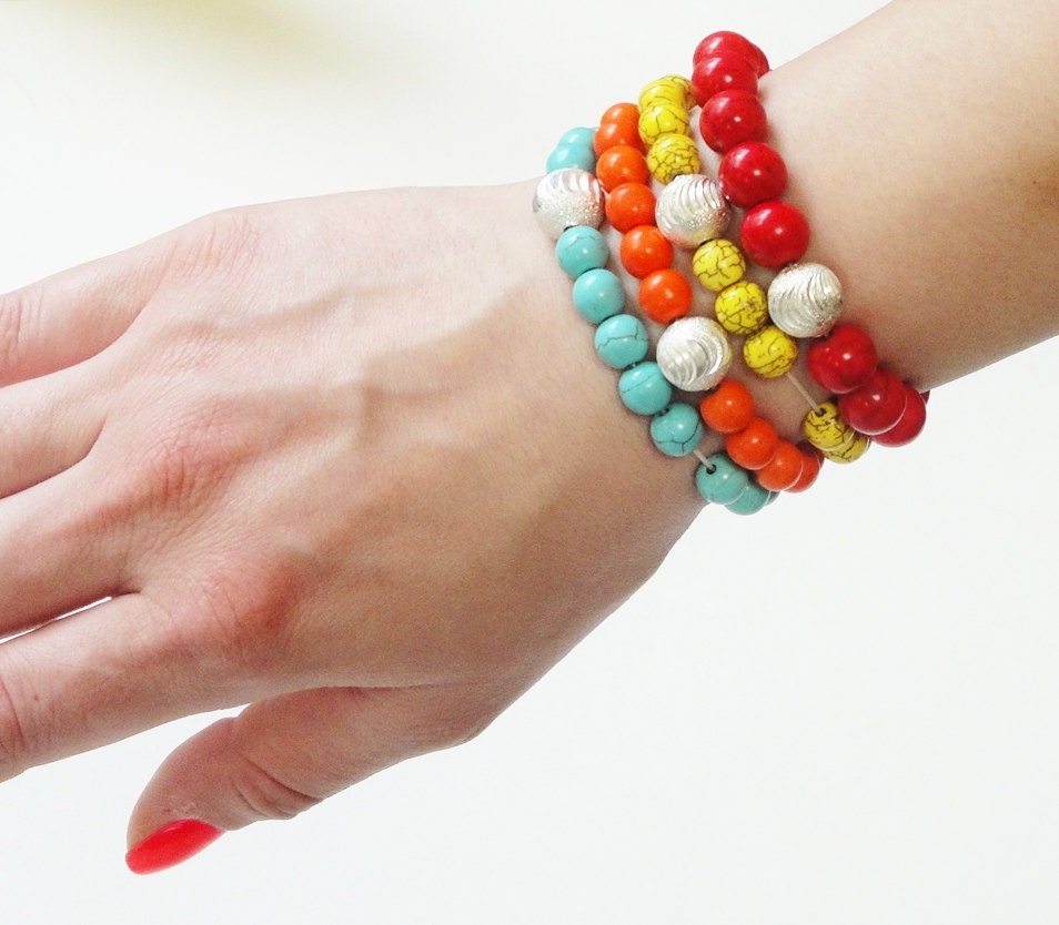 Stacking Beaded Elastic Green  Red Orange Blue With Silver Plated Bead  Bracelet/ Stackable Bead Bracelet